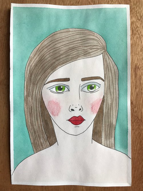 Portrait With Green - original mixed media painting by Kitty  Cooper