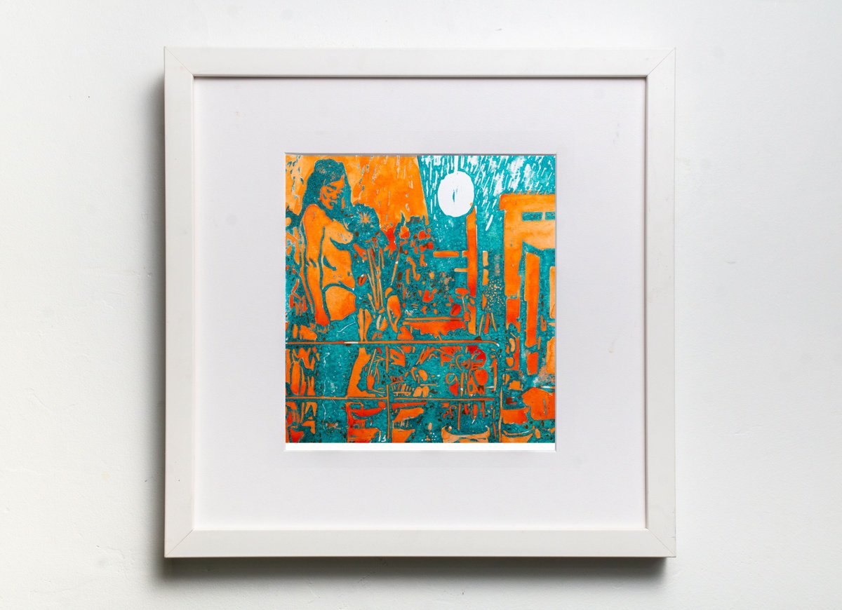 Graphic Portrait Oil Painting By Bohdan Katolyk, 12 X 12, Night Garden Iv, Original Artwork