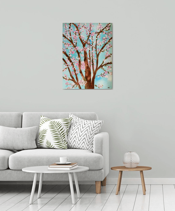 Apple blossom , spring in London white, pink, turquoise 81 x 61 cm  ready to hang oil painting