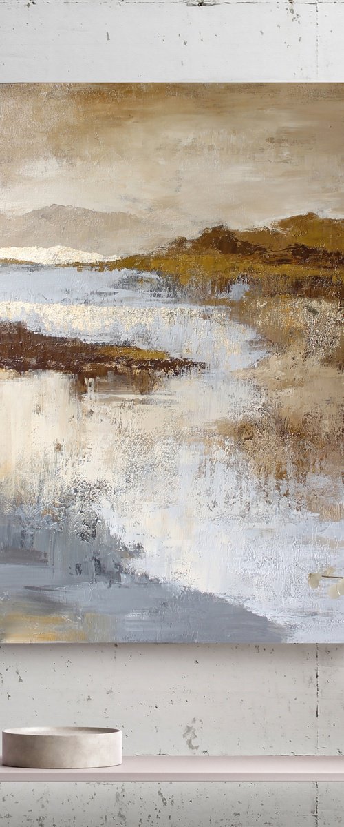 "Mountains" Abstract cream gold acrylic art by Solomia