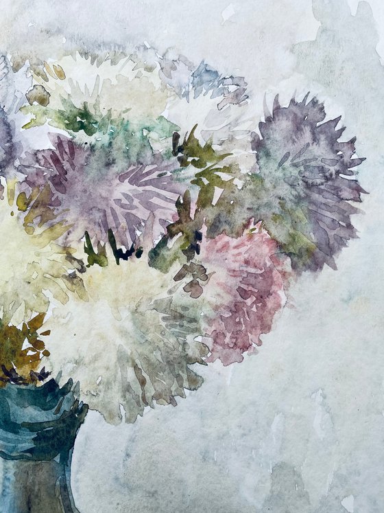 Bouquet of asters. Original watercolour painting.