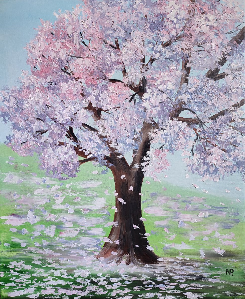 Impressionistic Botanical Oil Painting By Nataliia Plakhotnyk, 18 X 22", Sakura Is Blooming, Original Artwork