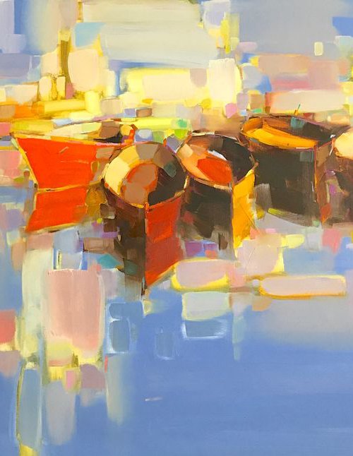 Rowboats, Original oil painting, Handmade artwork, One of a kind by Vahe Yeremyan