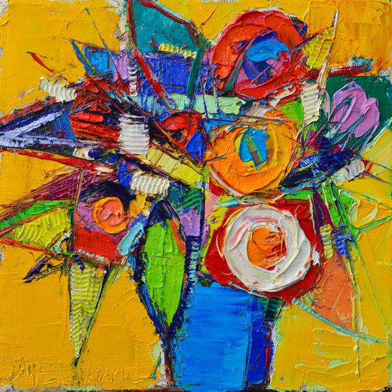 COLOURFUL ABSTRACT FLOWERS  - contemporary floral geometry expressionist gestural impasto palette knife original oil painting