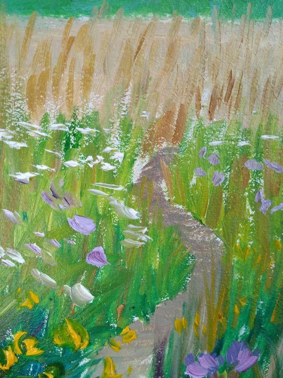 Wildflowers at the meadow. Pleinair painting