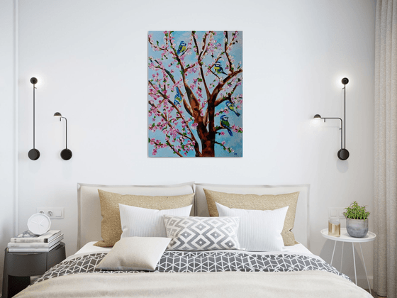 Apple tree in bloom with a flock of blue tits, spring in London, white, pink, turquoise 82 x 61 cm,  ready to hang oil painting