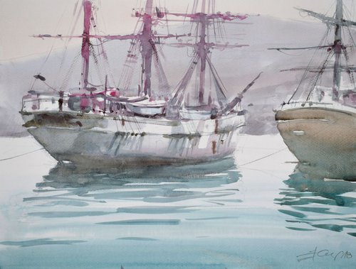 Ships in the mediterranean  harbor by Goran Žigolić Watercolors