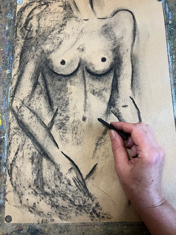 Nude Drawing Female Original Art Woman Nude Painting Erotic Sexy Wall Art 12 by 17"  by Halyna Kirichenko