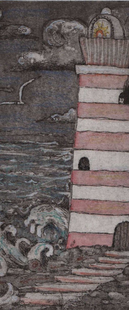 Lighthouse Keeper gorgeous hand colored limited edition etching hand colored with poem by Liza Paizis