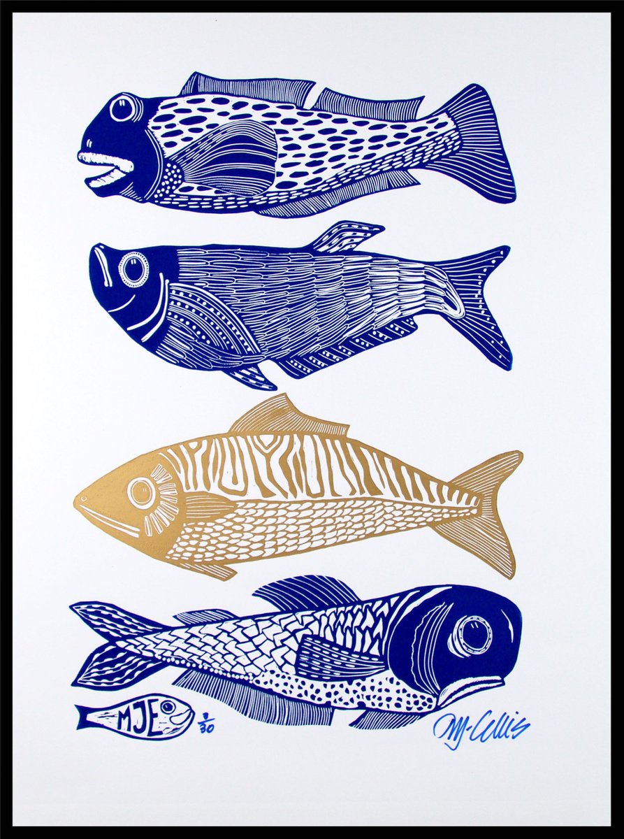 Four Fish, 3 blue 1 gold, linocut by Mariann Johansen-Ellis
