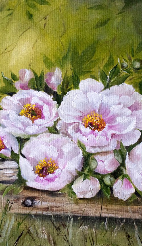 "Peonies on the fence" oil painting on canvas. by Tetiana Tiplova