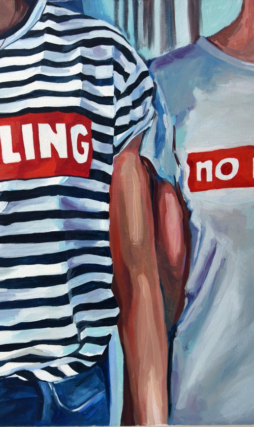 DARLING NO REASON - sign on t-shirt oil painting on canvas red grey white and black strips two girls bachelor interior blue jeans pop art home decor by Sasha Robinson