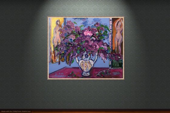 LILAC MORNING - Still-life flowers in vase, original oil paining, medium size, purple flower nude, home interior office decor