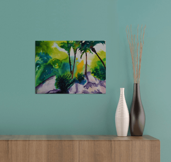 Abstract tropical trees original watercolor painting Spanish green forest