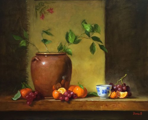 Still life with flower pot, tanderines and grapes. Framed painting. Oil on linen by Yana  Golikova