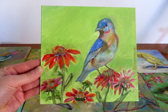 Funny Bird Painting 8x8 in Oil,Red Floral Blossom,Deep Blue Little Bird,Natural Landscape Wall Art,Celestial Canvas Original,Sweetheart Gift