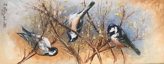 Three sparrow (19x47cm, oil painting, ready to hang)