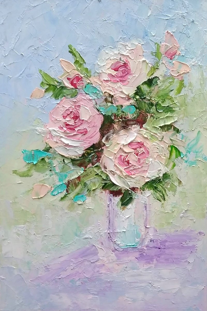 Pink Roses Painting Original Art Small Oil Artwork Flower Wall Art Floral Mini Oil Paintin... by Yulia Berseneva