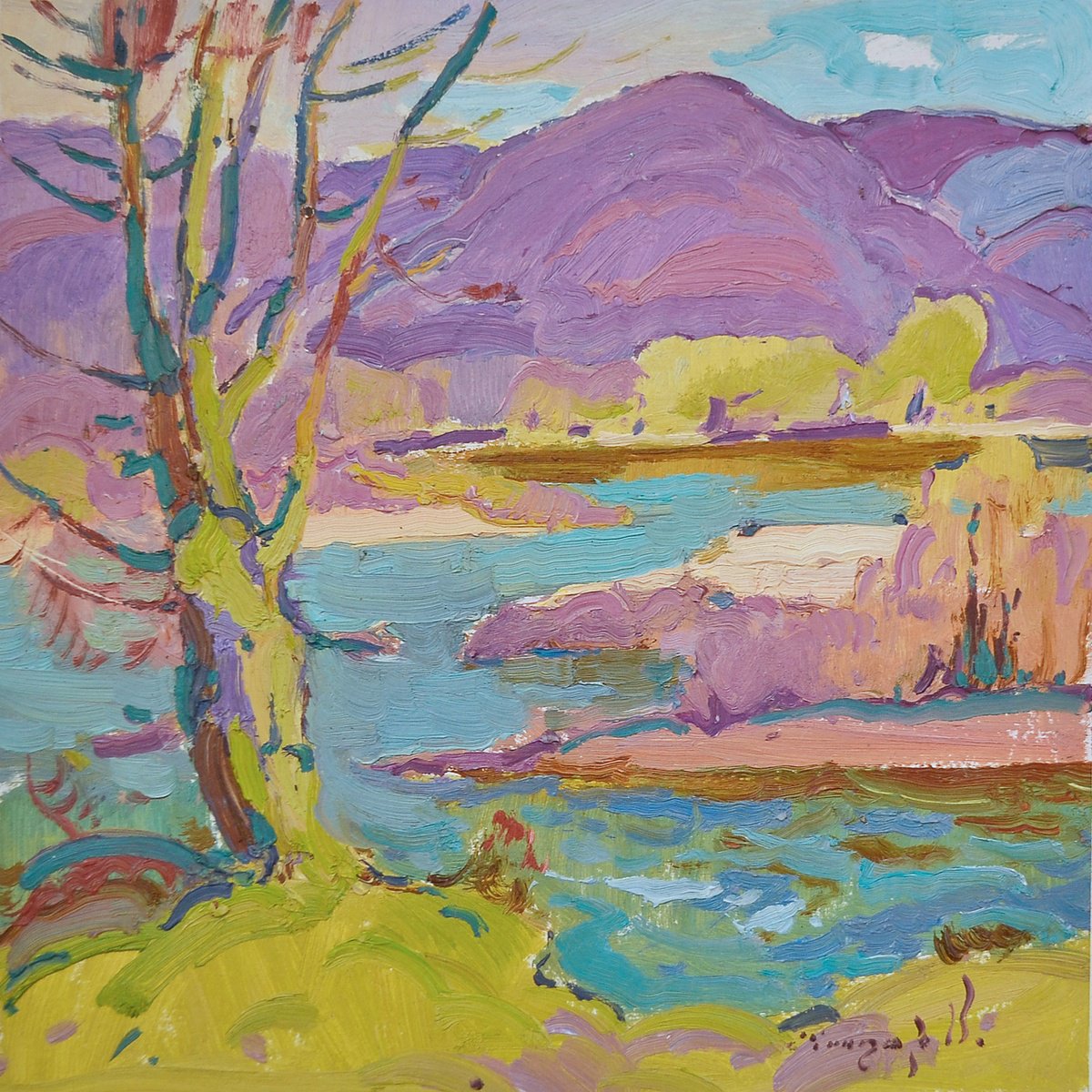 Impressionistic Landscape Oil Painting By Alexander Shandor, 15 X 15, River In Spring, Original Artwork