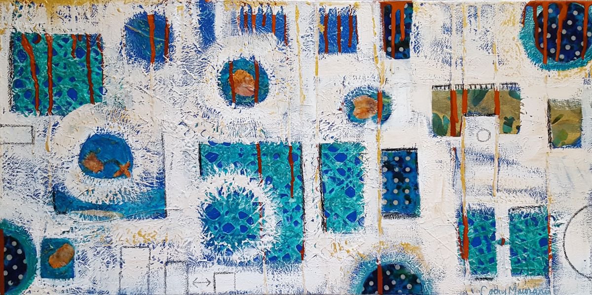 Geometric Abstract Painting By Cathy Maiorano, 30 X 15, Doors And Windows, Original Artwork