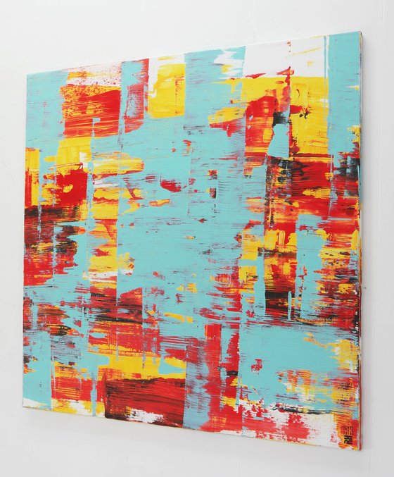 XL Abstract Painting - Static in Red & Turquoise - 120x120 cm - Ronald Hunter - 13J