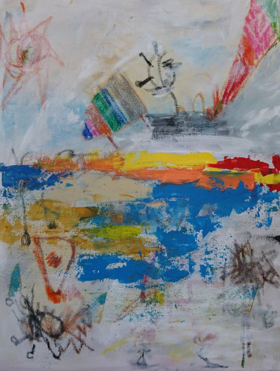 Our holiday at the seaside,  Abstract painting om stretched canvas, Ready to hang