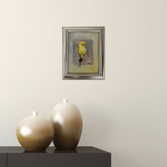 Yellow/green hummingbird oil painting  mounted on gessoed panelboard 5x7