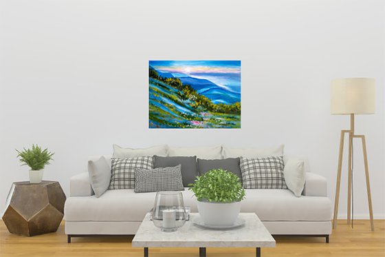 Mountain landscape summer in mountains" My blue mountains" green hills oil landscape impressionistic landscape