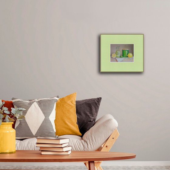 Still Life with lemons and a green jar