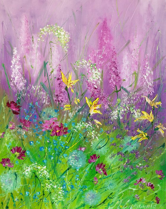BLOOMING LUPINES - Bright summer. Colorful lupins. Beautiful landscape. Pink flowers. Meadow. Forest. Abstraction.