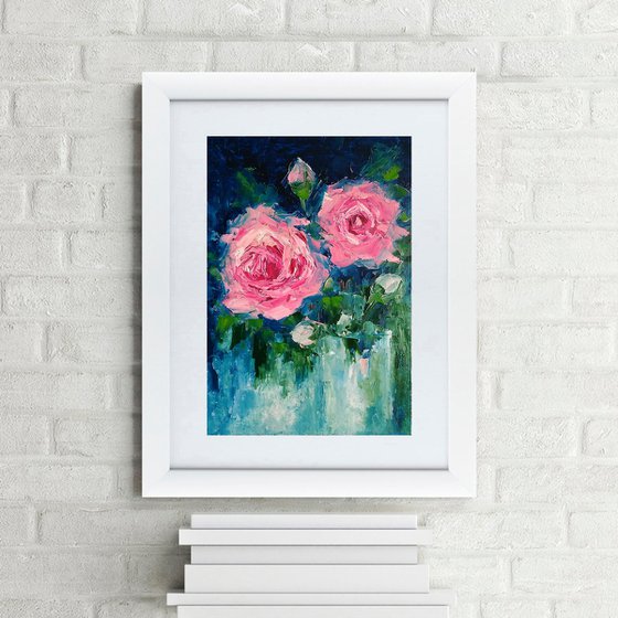 Pink Roses Painting Original Art Floral Artwork Flower Bouquet Wall Art