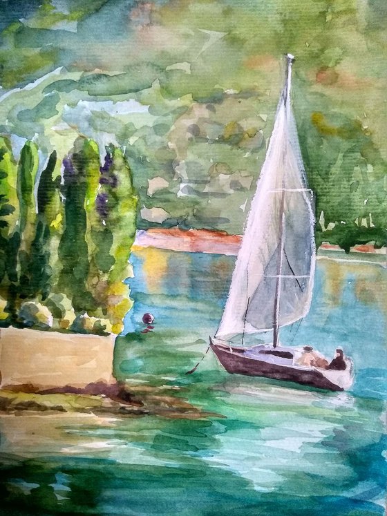 Sailboat. Watercolor seascape.
