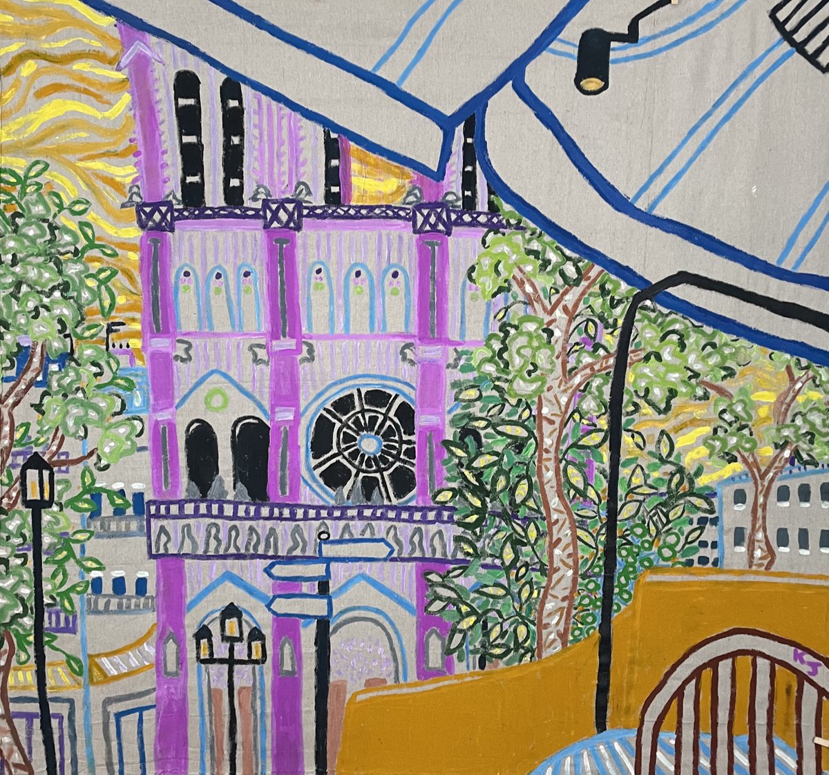 Expressive Cityscapes Acrylic Painting By Katie Jurkiewicz, 56 X 52", Cafe Notre Dame, Original Artwork