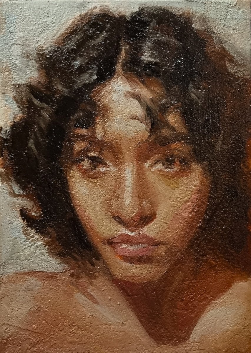 Expressive Portrait Oil Painting By Artmoods Tp, 6 X 8, Interlude 0625-01, Original Artwork