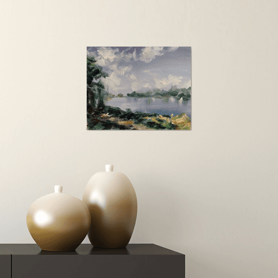 Calm river bank. one of a kind, handmade artwork, original painting.