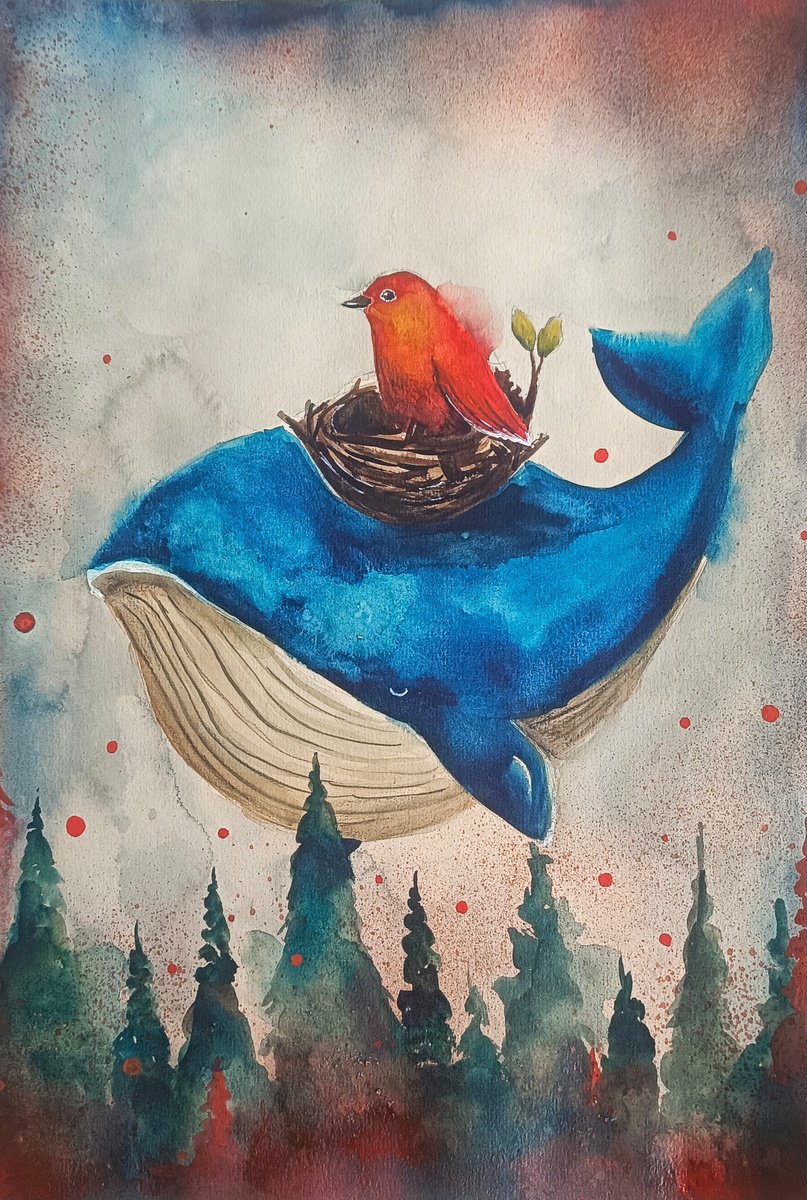 Illustrative Animal Watercolour By Evgenia Smirnova, 12 X 17, Whale & Red Bird, Original Artwork