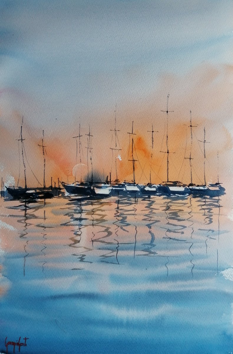Impressionistic Watercolour , Boats 94 By Giorgio Gosti, 14 X 21, Artwork For Sale On Artfinder