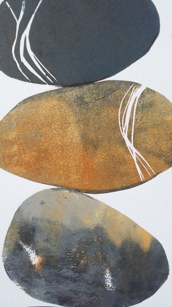 Zen stones - Twelve stones #5  ( banded balancing stones lino/monoprint)