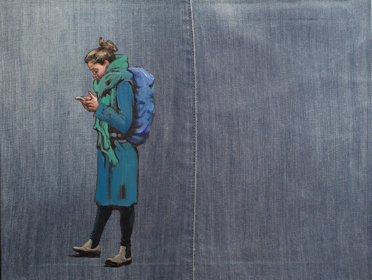 Urban And Pop Portrait Oil Painting By Marina Skepner, 18 X 14", Blue, Original Artwork