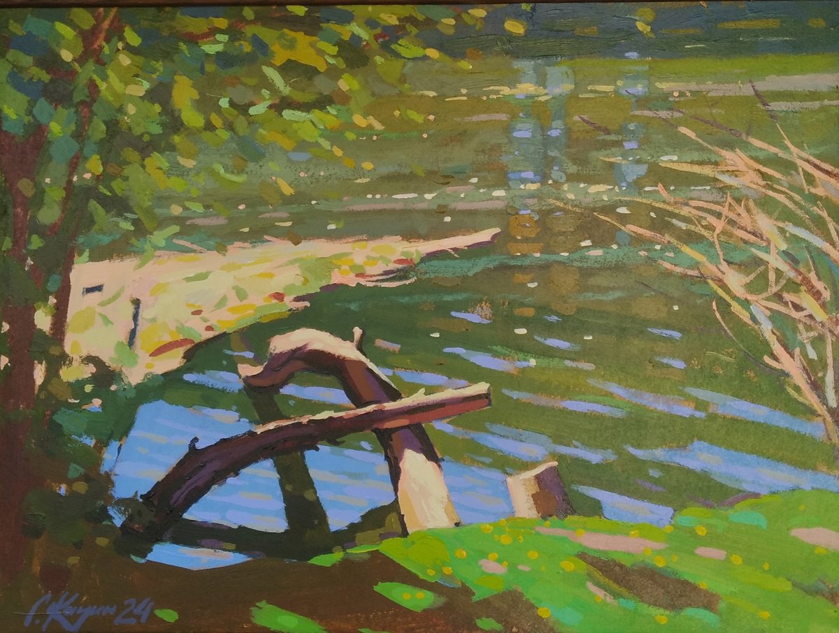 Impressionistic Landscape Acrylic Painting By Sergey Kachin, 31 X 24", Spring On The River 2, Original Artwork