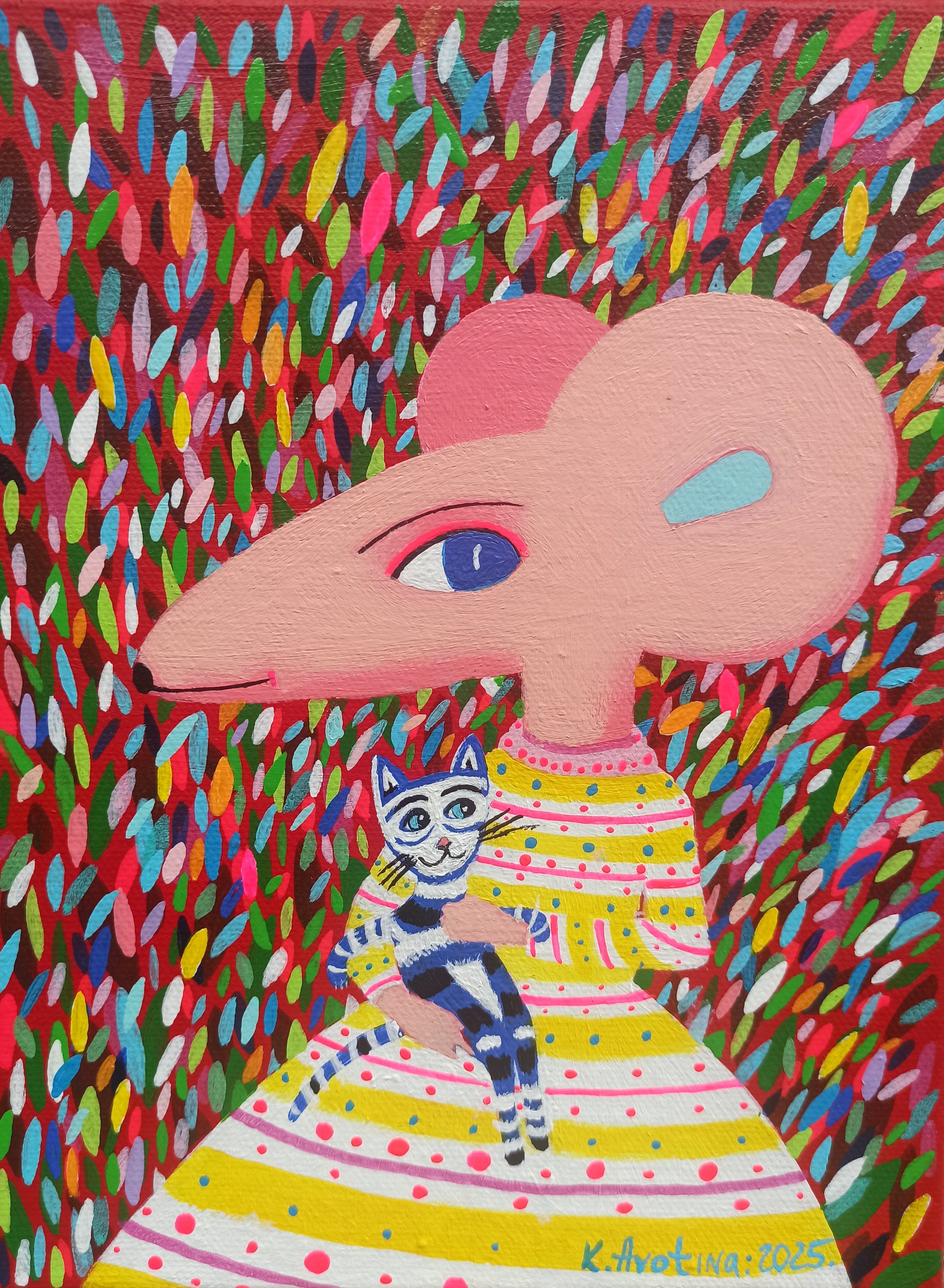 Impressionistic Animal Acrylic Painting By Katrina Avotina, 7 X 9", Alice & Her Blue Eued Cat, Original Artwork