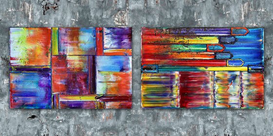 "Get It While It's Hot" - Save As A Series - Unique PMS Geometric Oil Painting Diptych On Canvas - 72" x 24"