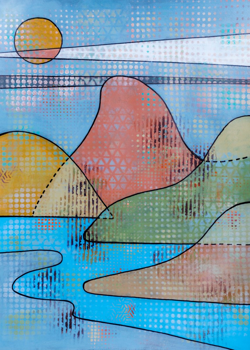 Geometric Landscape Acrylic Painting By Ariadna De Raadt, 18 X 23, Touching Of The Sun 4, Original Artwork