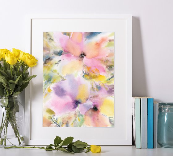 Delicate flowers, small watercolor painting