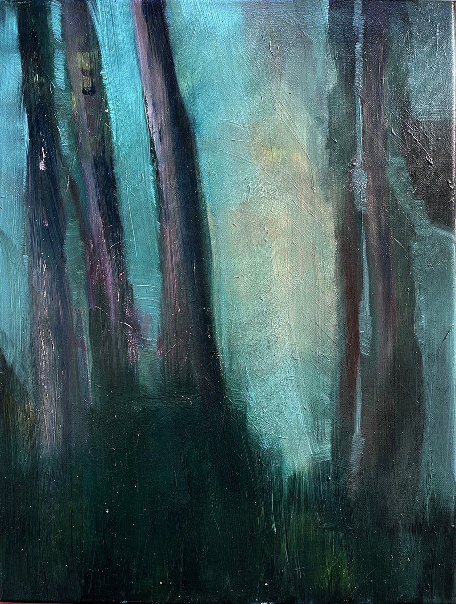 Expressive Landscape Oil Painting By Ulli Schmitt, 12 X 16", Dark Forest, Original Artwork