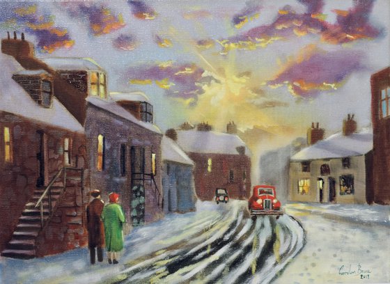winter street scene red car (linen canvas)