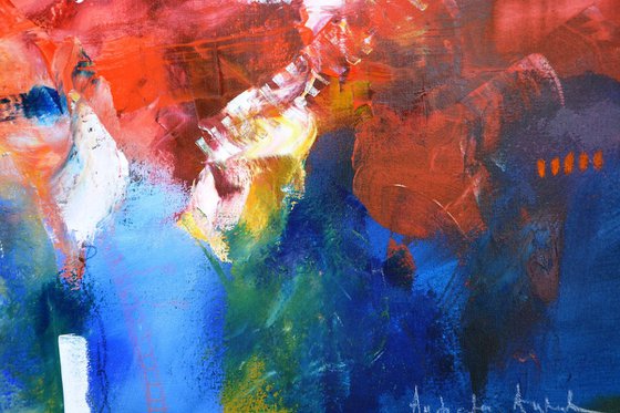 Abstract large painting - Big Bang - red, blue and yellow long abstract painting