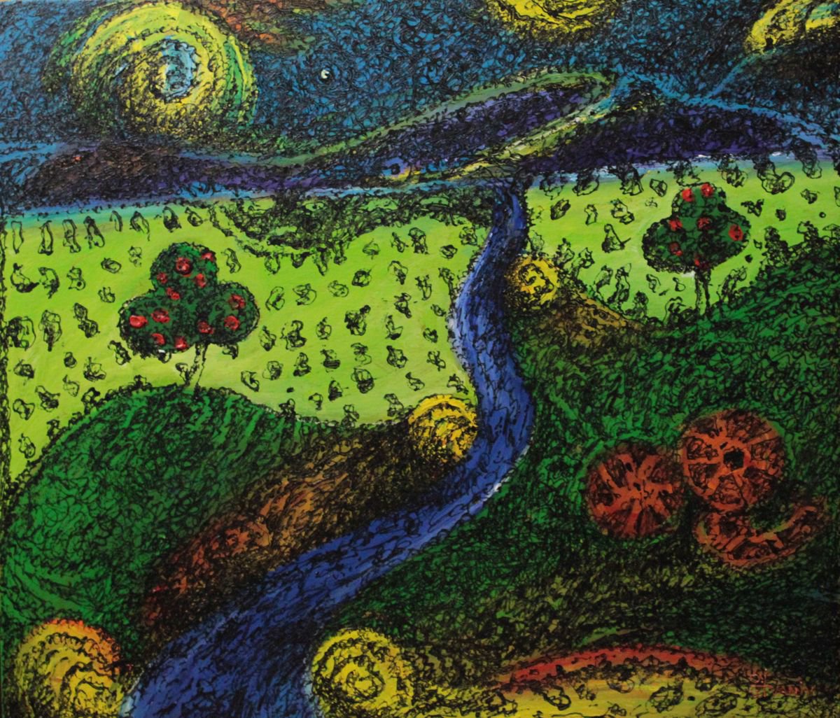 Impressionistic Landscape Acrylic Painting By Viktor Ivaniv, 24 X 20", Night In Transcarpathia, Original Artwork