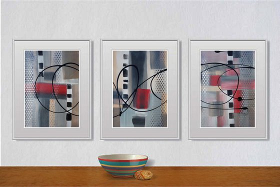 Set of 3 abstract original paintings on paper A4 - 18J023