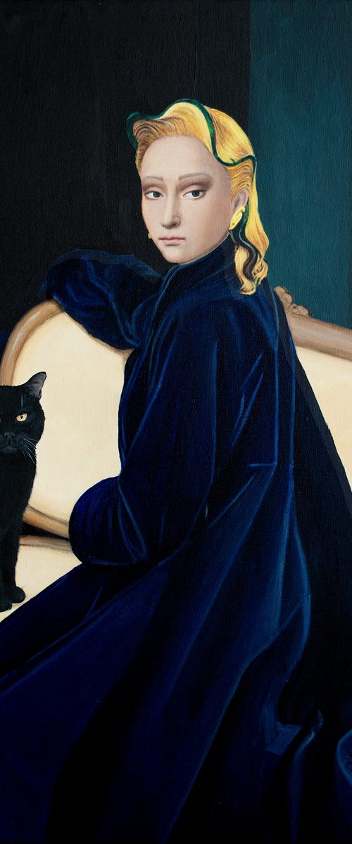 Black Cat on a Yellow Sofa by Nataliya Bagatskaya